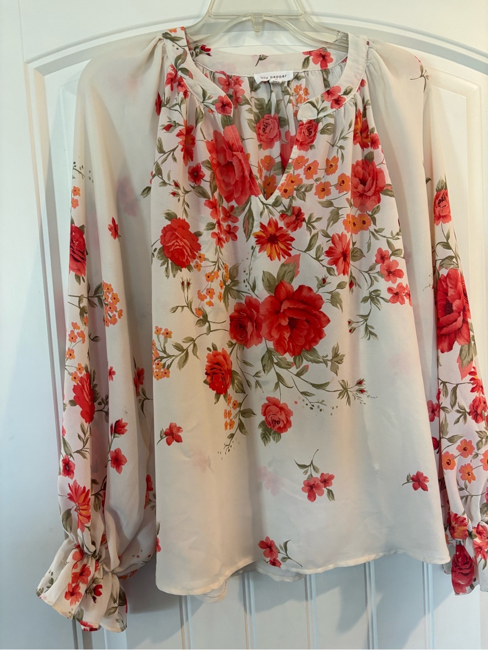 Blu Pepper Cream Blouse with Green Leaf and Orange Floral Print